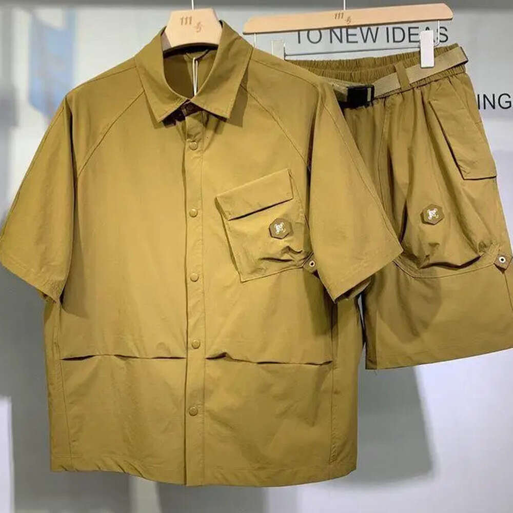 Summer American Vintage Loose Workwear Casual Set Men Fashion Shirt Shorts Two-Piece