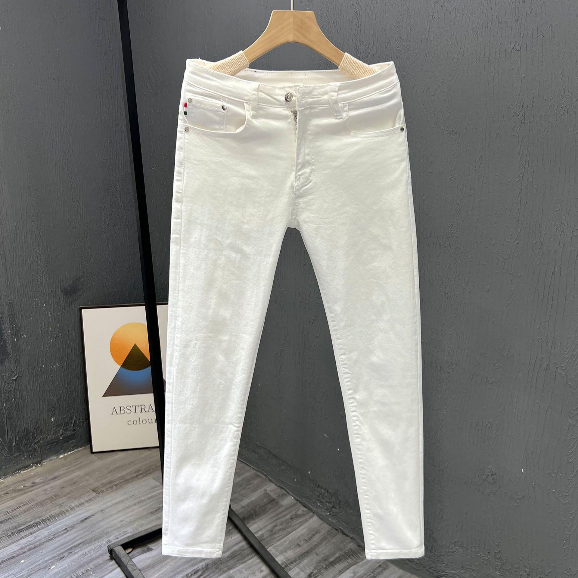 Luxury Brand Designer Clothes High-End Men's White Pants Simple Summer Trendy Men's Business Cotton Skinny Jeans Slim Fit Cropped Pants