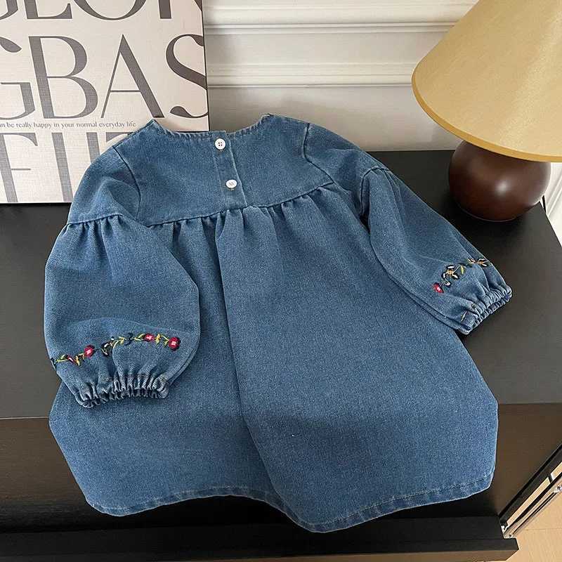 MILANCEL Girls Denim Dresses 2024 Autumn New Embroidery Floral Long Sleeve Dress Childrens Daily Casual ClothesT260330