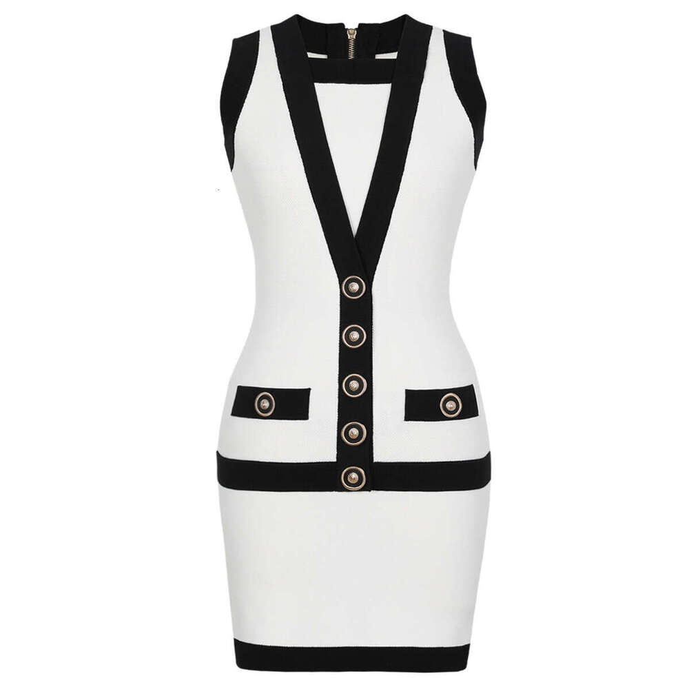 Summer new designer high-quality sleeveless button elastic short fit, slim and fashionable multifunctional A9 knitted dress