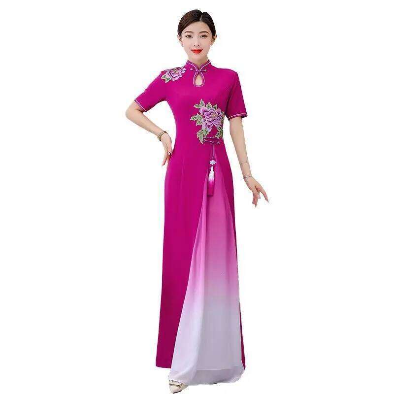 Catwalk Short Sleeve Long Improved Vietnam Audrey Ao Dai Qipao Cheongsam Dance Dress MAKOUFEI