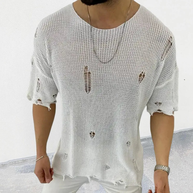 Summer Men Sweater Thin Short Sleeve O-neck Knitted T-shirt Tops Casual Hollow Loose Knit Shirt Pullover Male Streetwear 260327