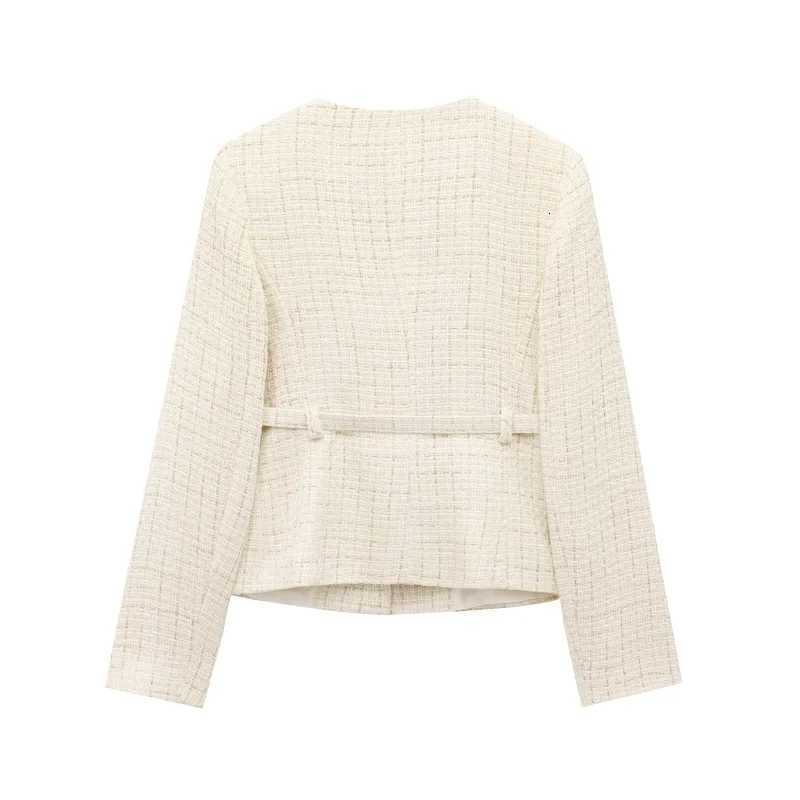 ETJ 2025 Womens Spring collection Vintage crewneck Fashion Gold button-up belt textured casual blazer for women jacketT260328