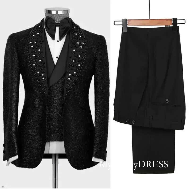 Exquisite Men's 3-Piece Suit: Crystal Embellished Wedding Tuxedos, Shawl Lapel, Customized D0330