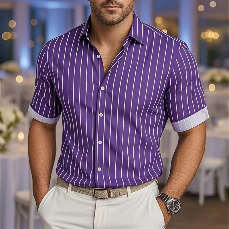 Mens Fashion Striped Loose Short Sleeve Shirt Casual Breathable Lapel Button Shirt Soft and Comfortable Festival Top 260327