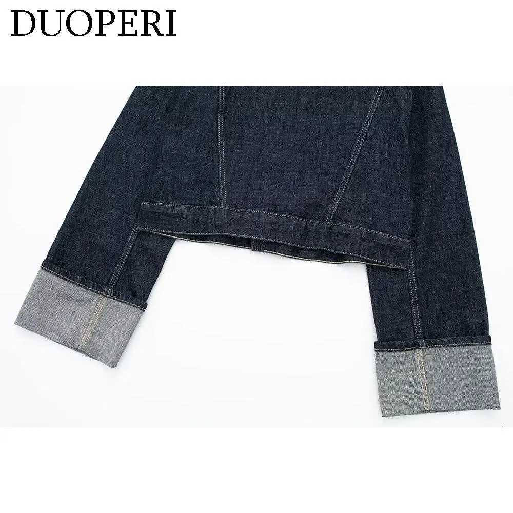 DUOPERI Women Fashion Denim Blue Single Breasted Jacket Lapel Neck Long Sleeves With Pockets Female Chic Lady Casual OutwearT260328