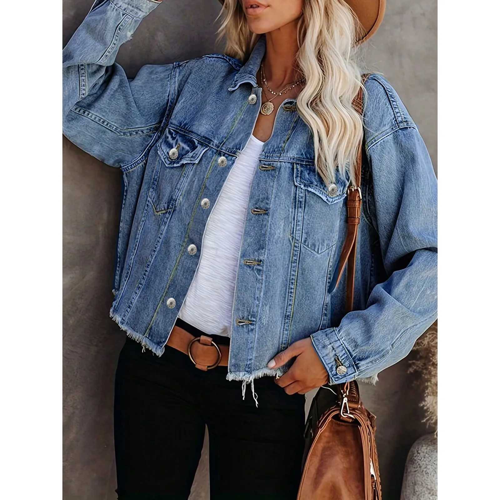 Denim Coat Women Distressed Turn Down Collar Cardigan Jackets Single Breasted Casual Basics Pockets Button Spliced SolidT260328