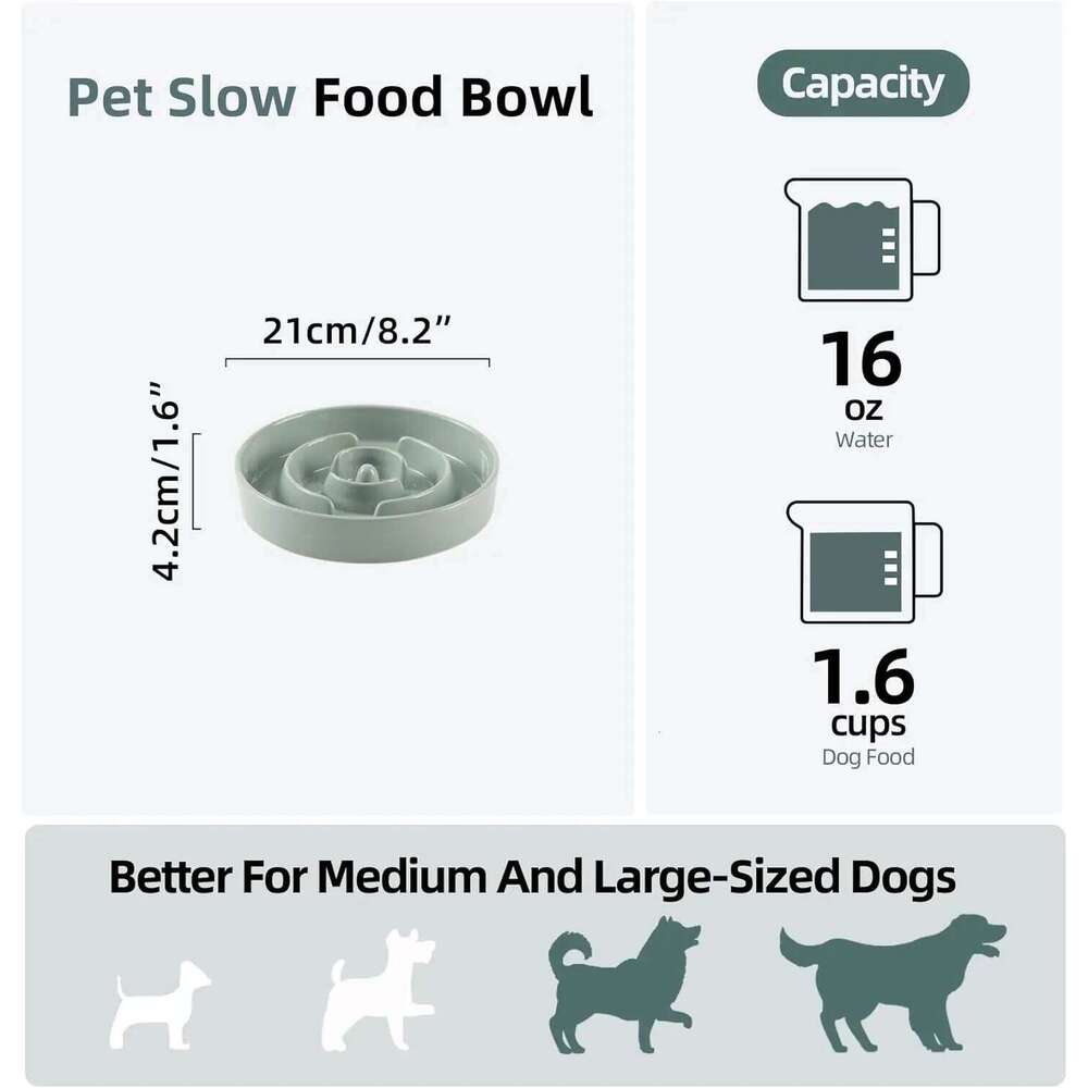 Ceramic Slow Feeder Dog Bowl for Medium/Large Breeds, Anti-Gulping Dish to Prevent Bloat and Choking, Light Green 26W0330