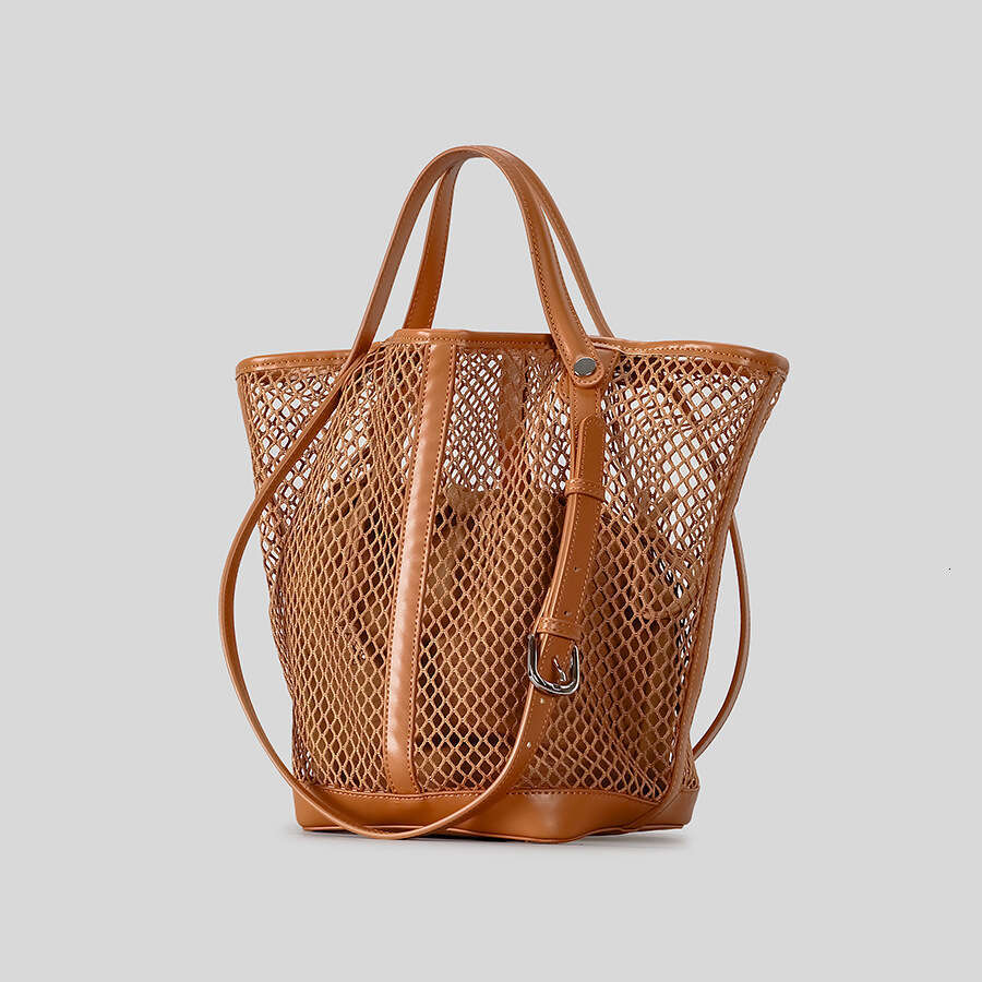 Women Celebrity Style Hollow Grid Bucket Large Capacity Woven Women S Shoulder Casual Vacation Beach Bag