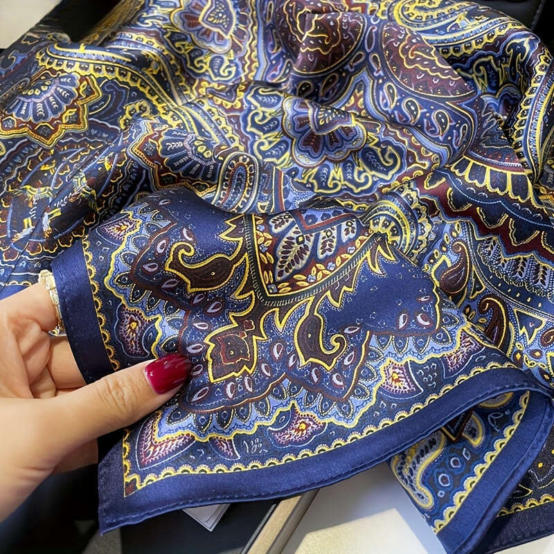 100% Mulberry Silk Blue Floral Breathable Square Scarf Elegant Accessory Non-Elastic Essential For Outdoor Decoration Liuyuemoshang