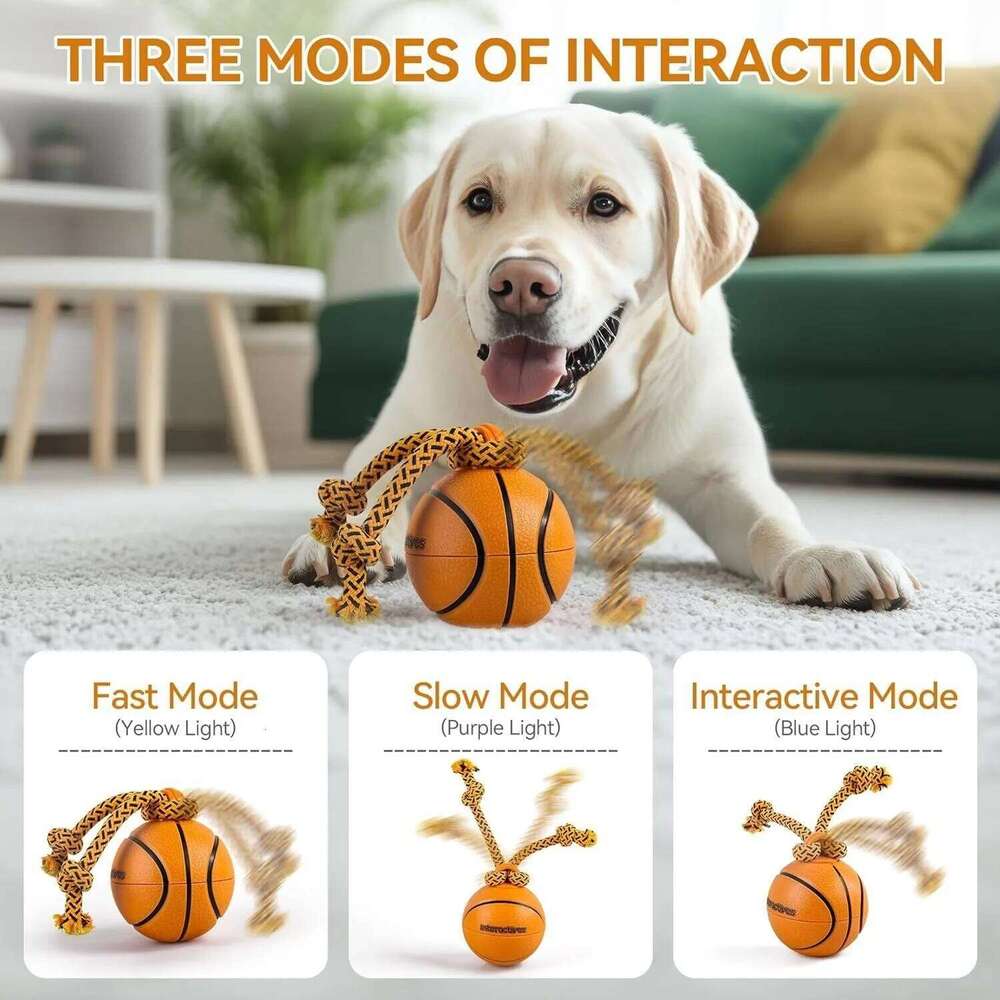 Interactive Smart Rolling Basketball Motion Activated Automatic Moving Squeaky Dog Toy Balls Puppy Chew Toys Knot Rope