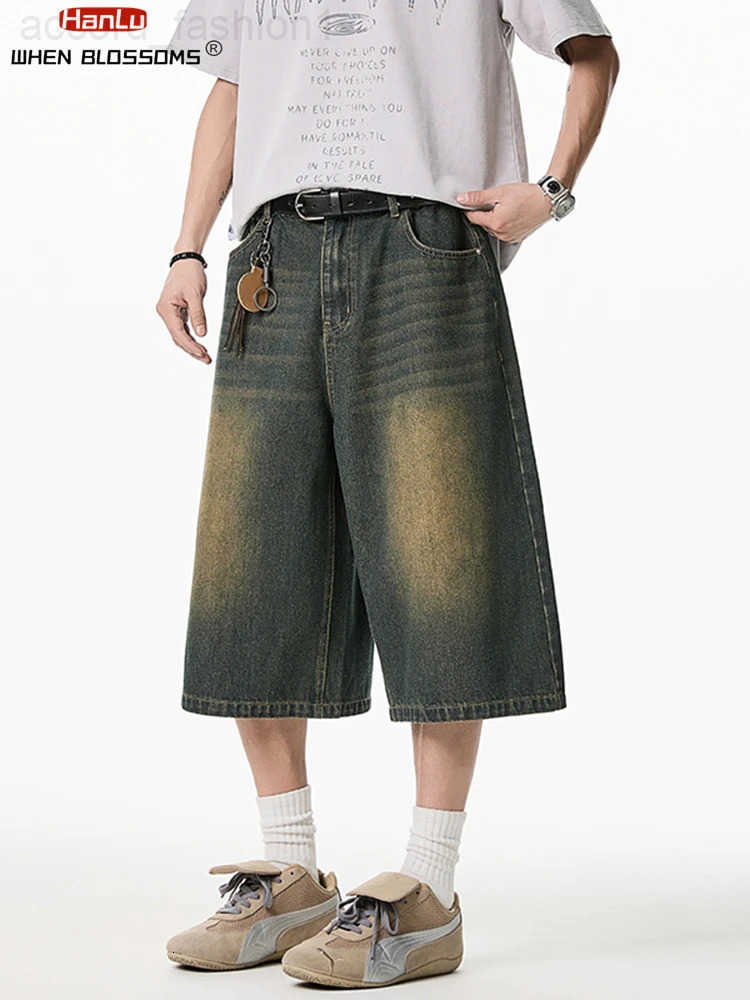 2025 Summer Mens Wide Leg Jeans Shorts Vintage Distressed Wash Y2K Straight Elastic Waist Loose Casual Relaxed Fit H260330