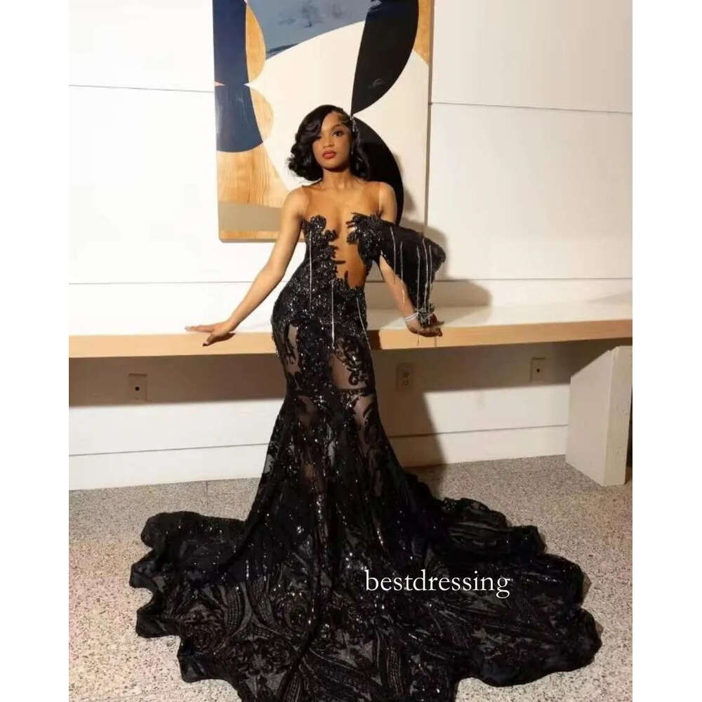 Elegant Mermaid Dresses For Black Girls 2026 New Sexy Sheer Jewel Neck Glitter Beads Sequins For Prom Gala Evening Gowns D31 D0330