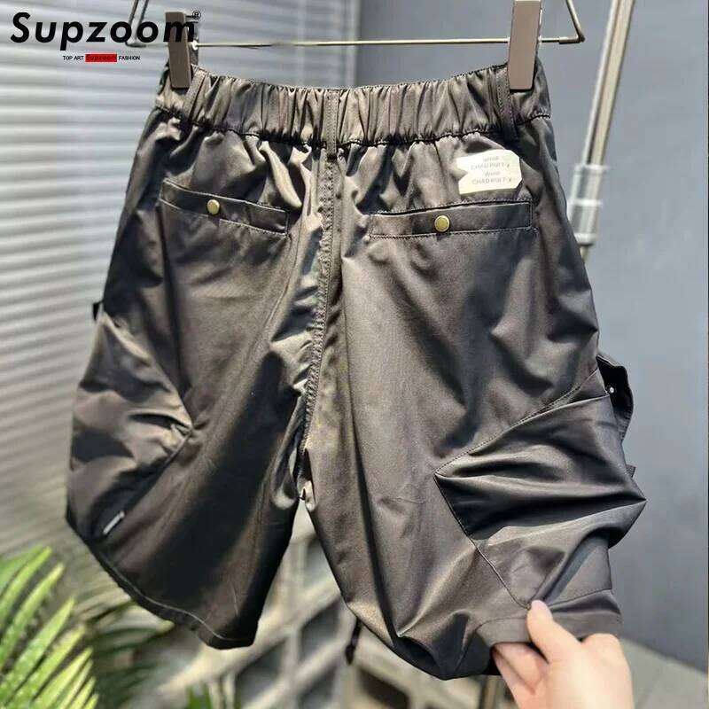 Supzoom New Arrival Top Fashion Summer Loose Casual Belt Design High Street Trendy Grid Stitching Pocket Personalized Shorts Men