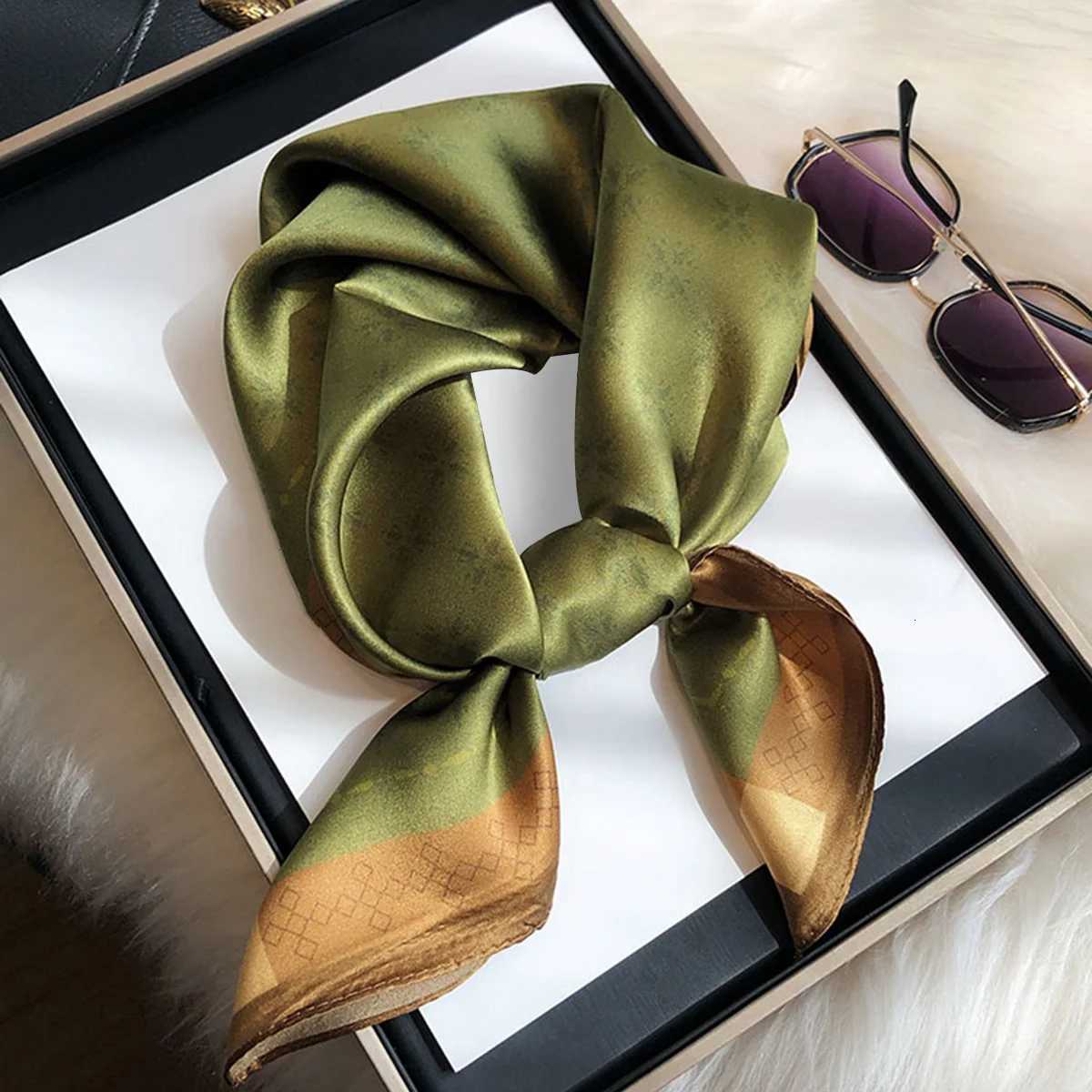 Dark Green Printed Square Scarf Plain Floral Pattern Simple Imitation Silk Neckerchief Elegant Bandana Women Head Wrap Scarves Z260330