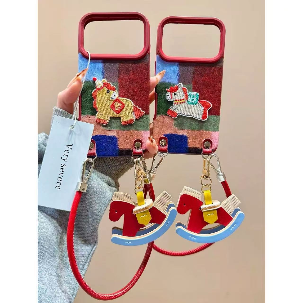 Leather color block embroidery Fu Pony pendant hand rope for iPhone iPhone case