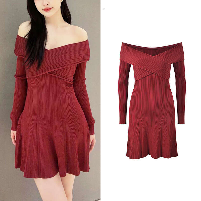 2026 Spring and Summer New Designer FC Cross Neck Off k30 Shoulder Sexy Elegant Fashion Slim Red Dress