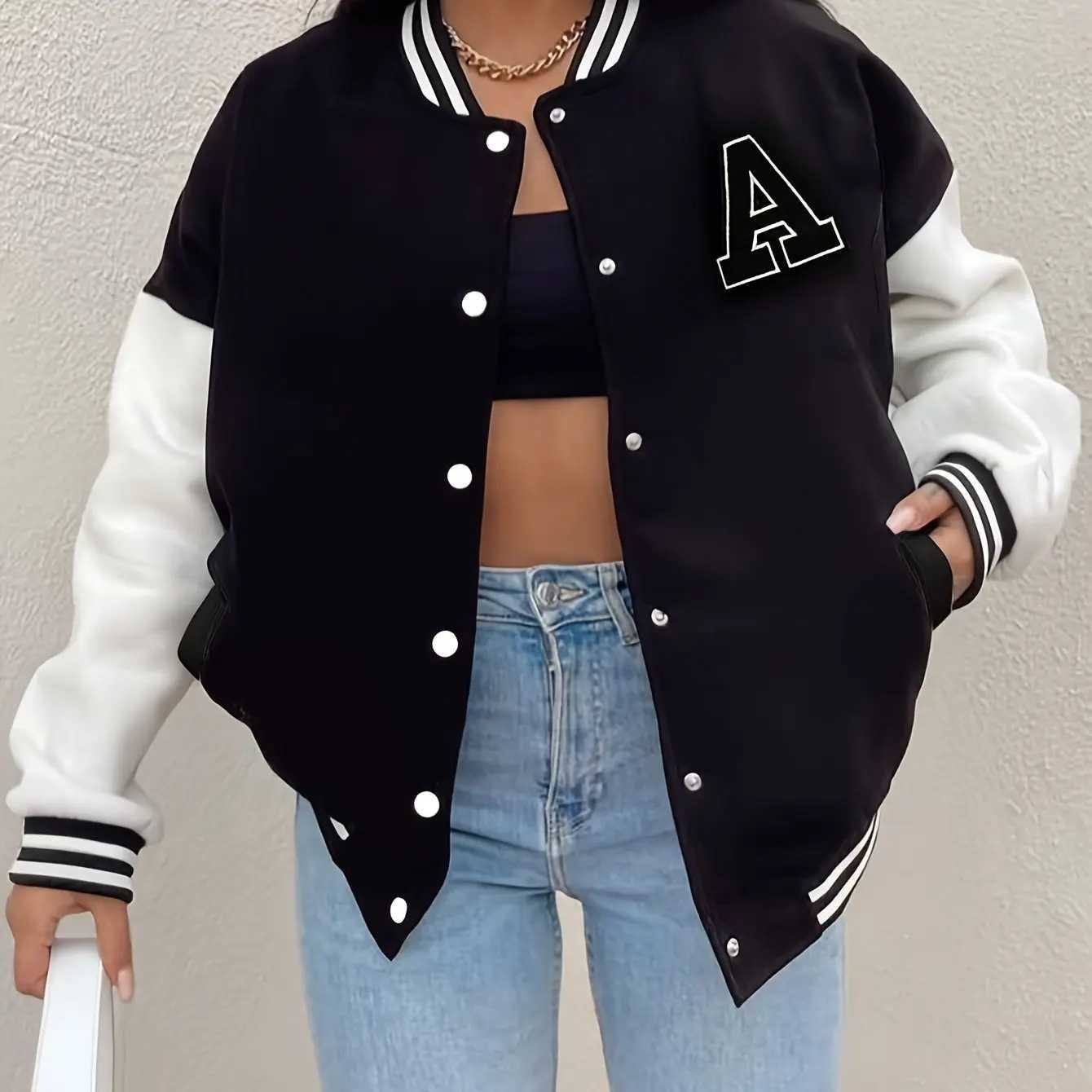 New Arrival Letter Rib Sleeve Top Fashion Single Breasted Casual Bomber Baseball Jacket Loose Cardigan CoatT260328
