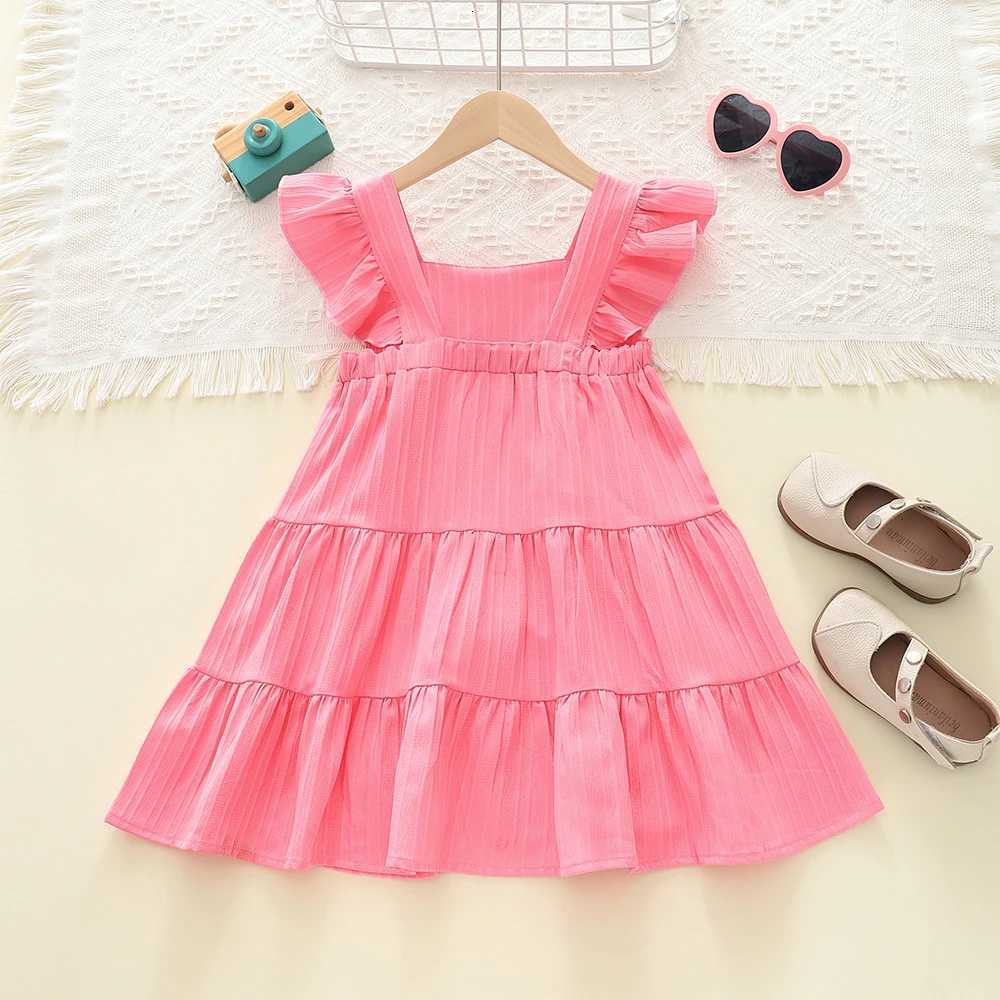 Girls Cake Princess Dress Solid Color Suspender Flying Sleeve Pink Dress Casual Kids Clothes Fashion Summer WearT260330