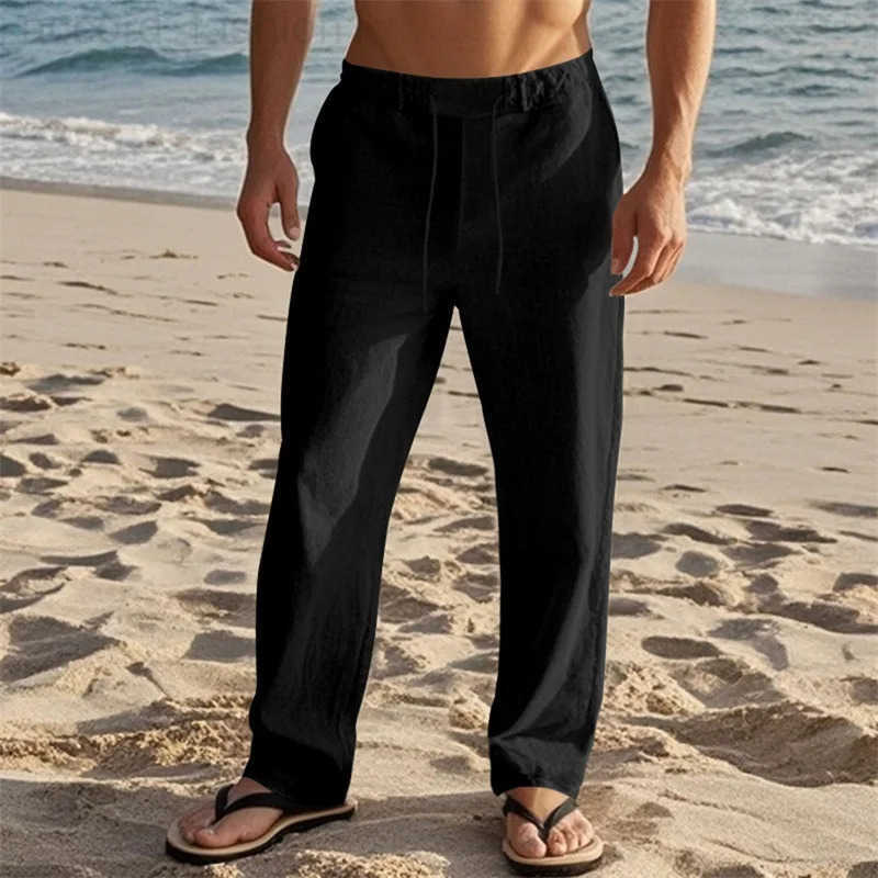 Men s Lightweight Drawstring Linen Pants with Pockets Comfortable Straight Leg Casual Trousers for Summer Beach Wear H260330