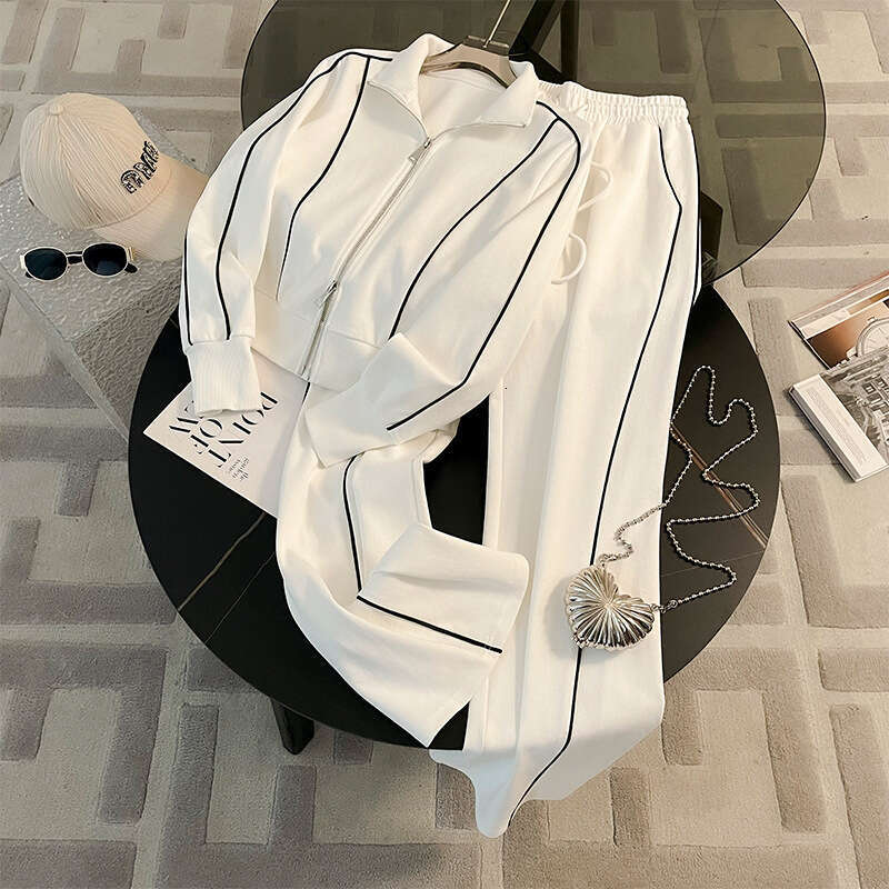 Fashionable Street Style Sports Casual For Women, Spring And Autumn, Age-Reducing Slimming Cardigan, Long Sleeve Sweatshirt, Wide-Leg Pants Two-Piece 