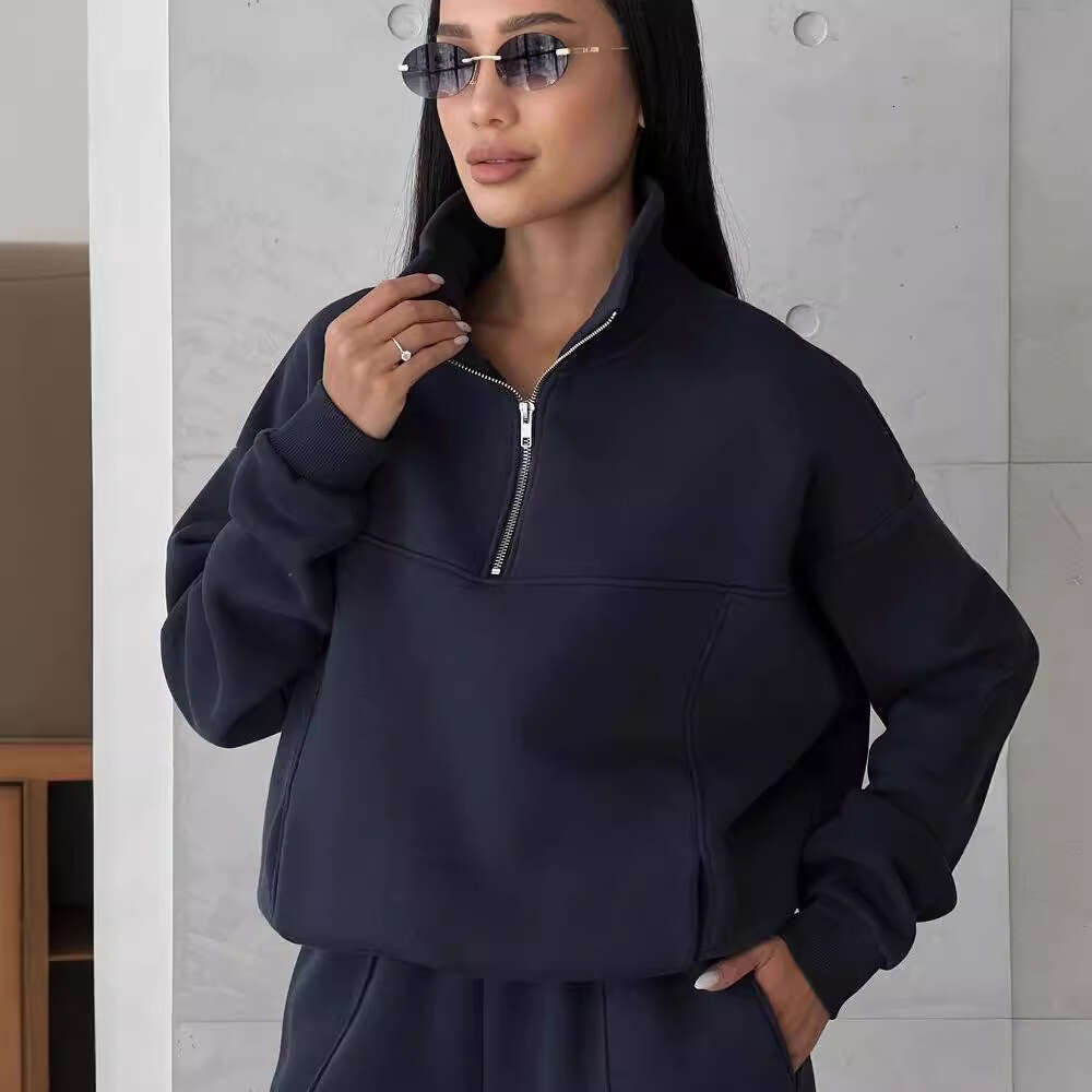 2026 New European American Style Casual Fashion Patchwork Thickened Long Sleeve Sweatshirt and Pants Set