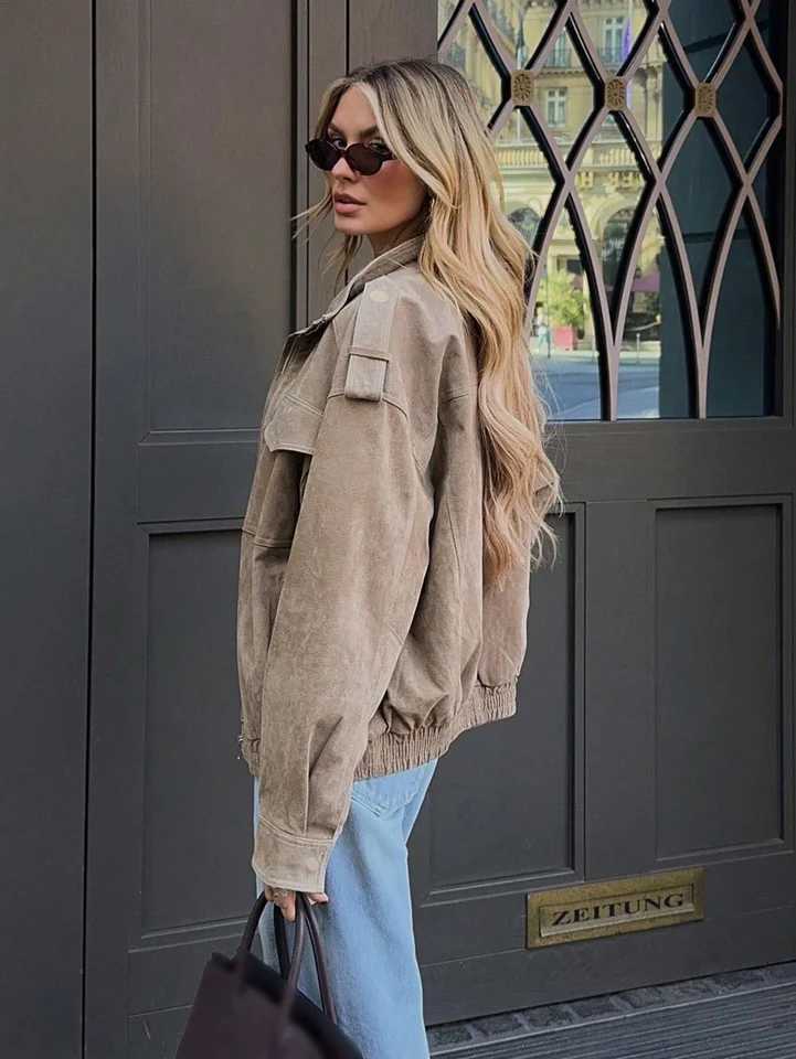 SLTNX Women Suede Jacket 2026 New Spring Fashion Long Sleeve Zipper Loose Jackets Coat Chic Female High Street Casual OuterwearT260328