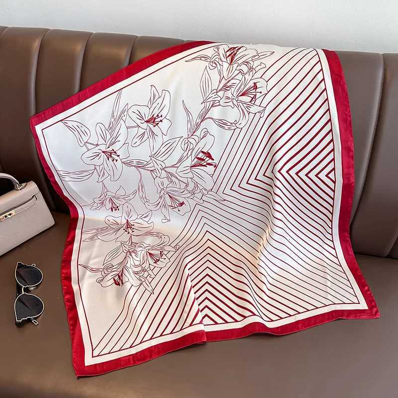 Spring/Summer Soft Satin Imitation Silk Neck Scarf 2024 New Stripe Wrap for Women Breathable Flower Printing Square Scarf Z260330