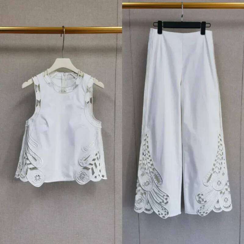 White Set Female Fashionable Hollow Embroidered Top+Fashion Wide Leg Pants Summer Mdng260330