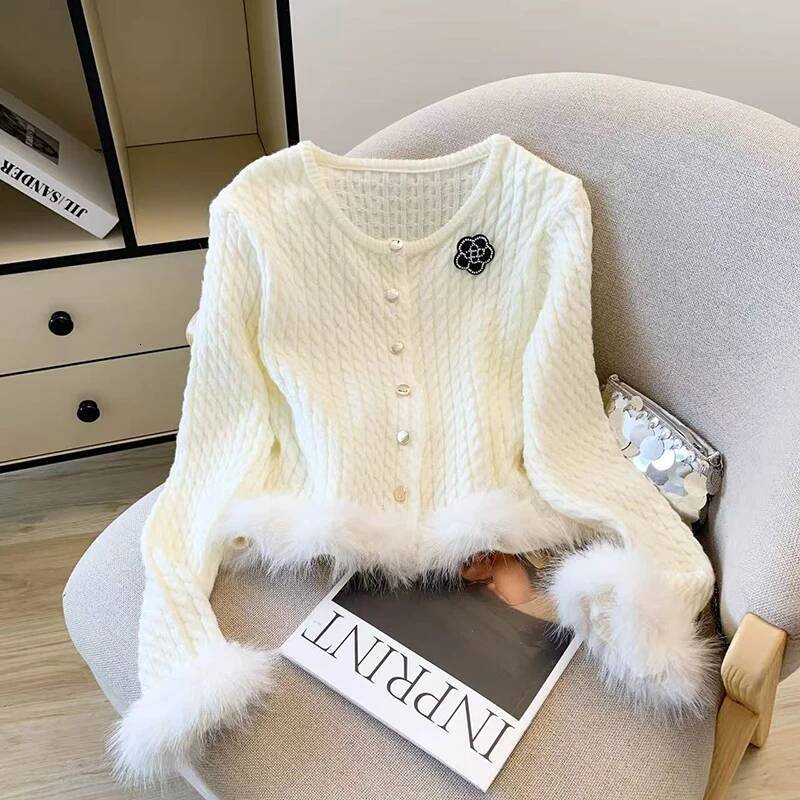 Chic Casual Knit Cardigan Women Long Sleeve Button Hairy Patchwork Solid Sweater Simple Office Lady O Neck Elegant New Outwear