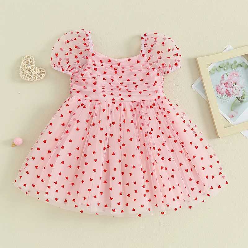0-4Y Baby Girls Heart Print Tulle Dress Valentines Day Short Puff Sleeve A-line Dress Kids Princess Dresses Summer ClothesT260330