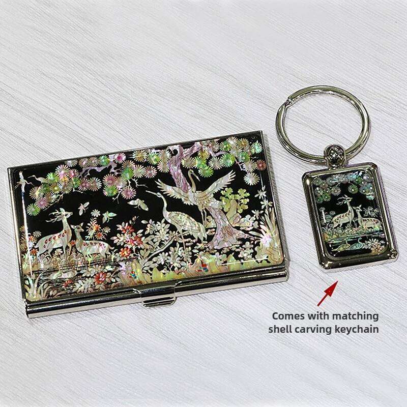 Chinese Embroidery Handmade Mother Of Pearl Lacquer Business Card Holder Crane Design Keychain Gift Clutch Bags