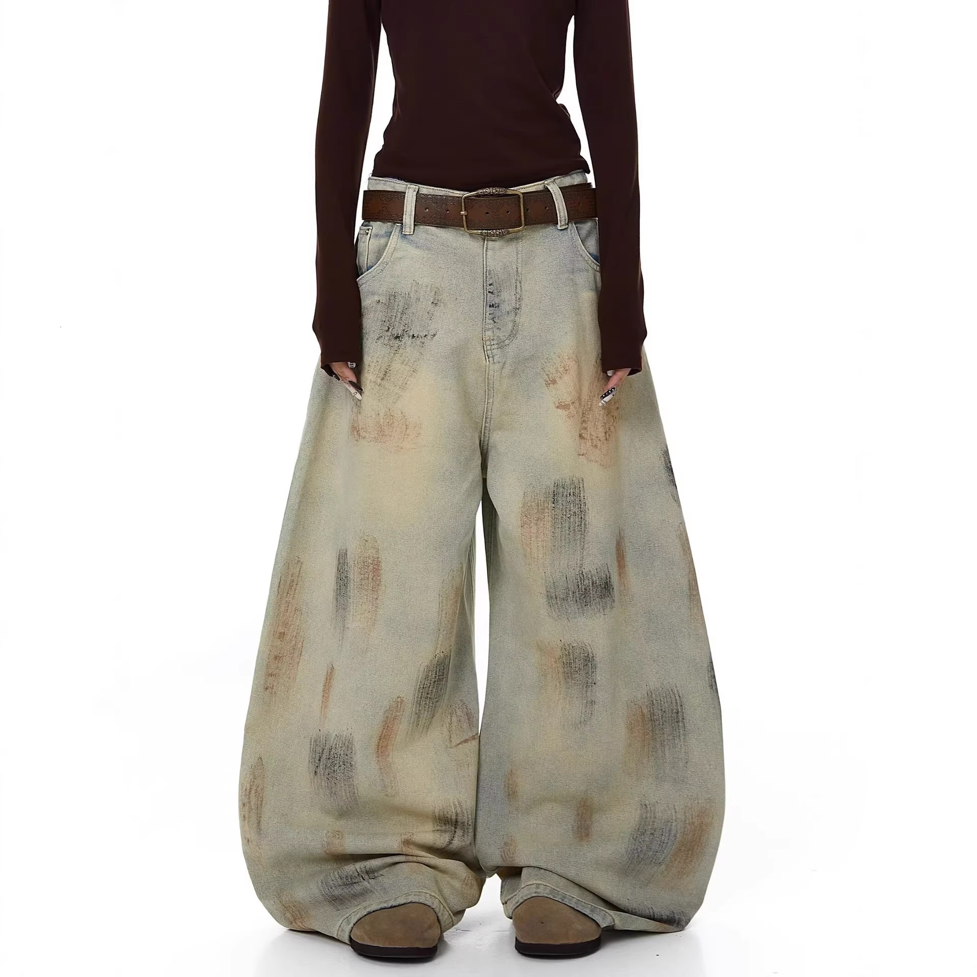 American-style spicy girl wasteland-style dirty-dyed jeans for women, summer design, loose fit, foreign trade cross-border jazz dance curved pants