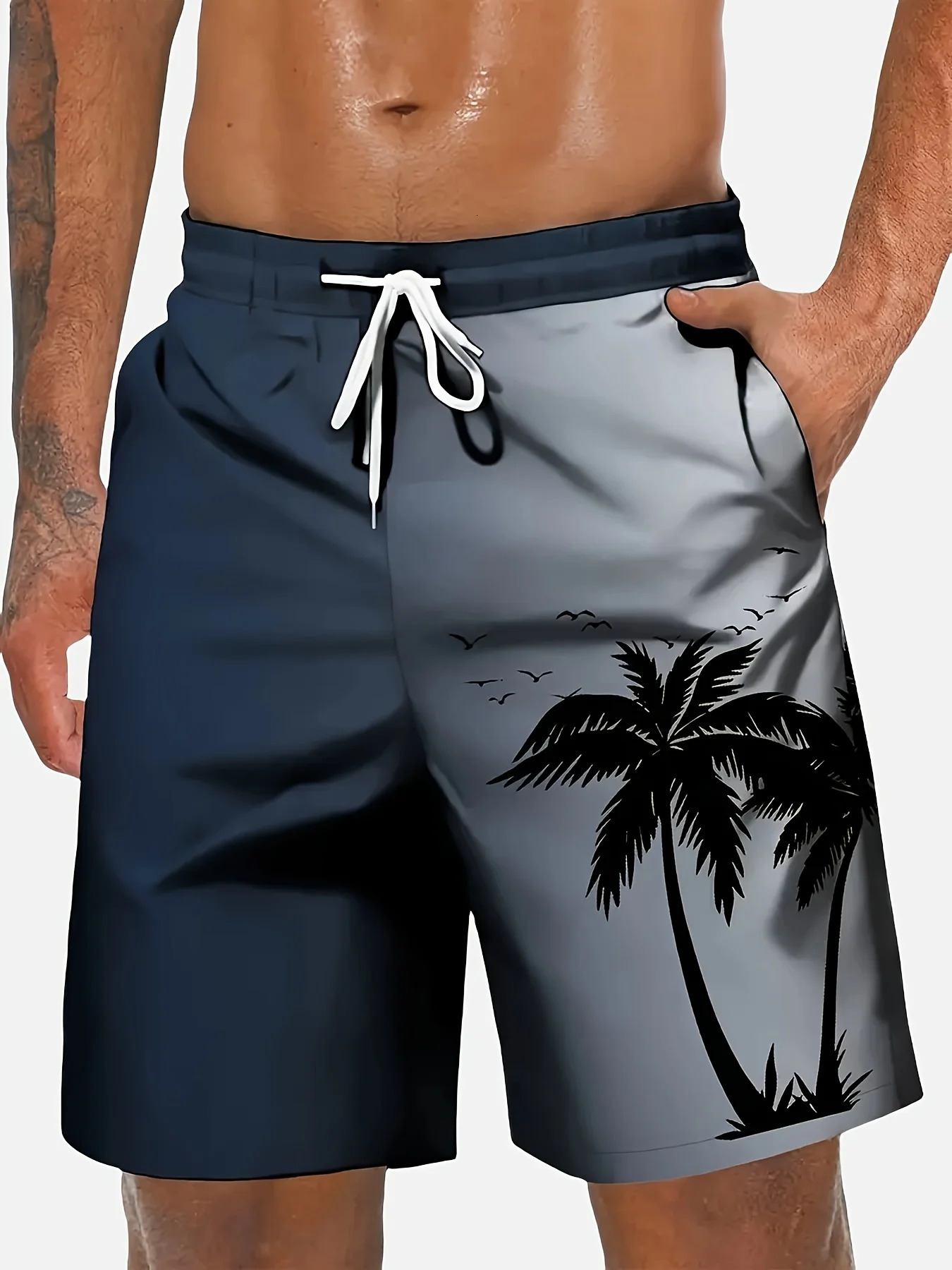 2026 Harajuku-Style Coconut Tree Print Beach Shorts Summer Mens Palm Tree Gradient Surf Shorts Hawaiian-Inspired Cool Trunks 260327