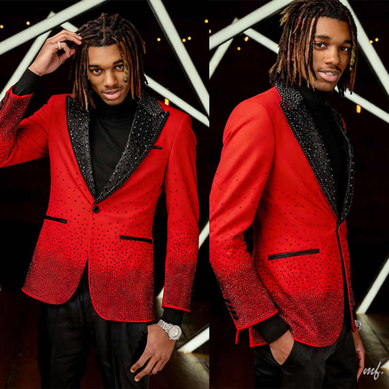 Fashion Red Beaded Prom Blazers Sets One Button Peaked Lapel Pant Jacket Loose Fit Customized Groom Wear 2 Pieces
