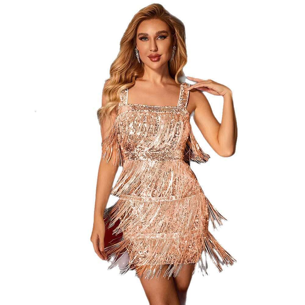 2026 European and American cross-border solid color tassel sequin strap cocktail party dress short skirt with tassels