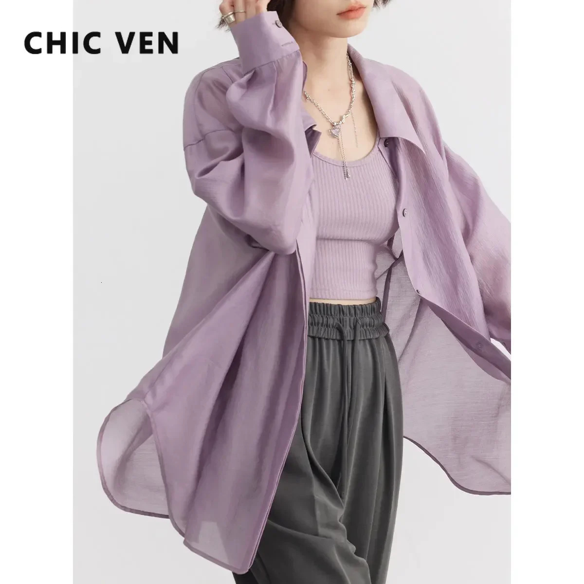 CHIC VEN Women Thin Shirt Long Sleeve Casual Loose Slightly Transparent Cool Blouses Woman Solid Design Female Top Summer 2024 260325