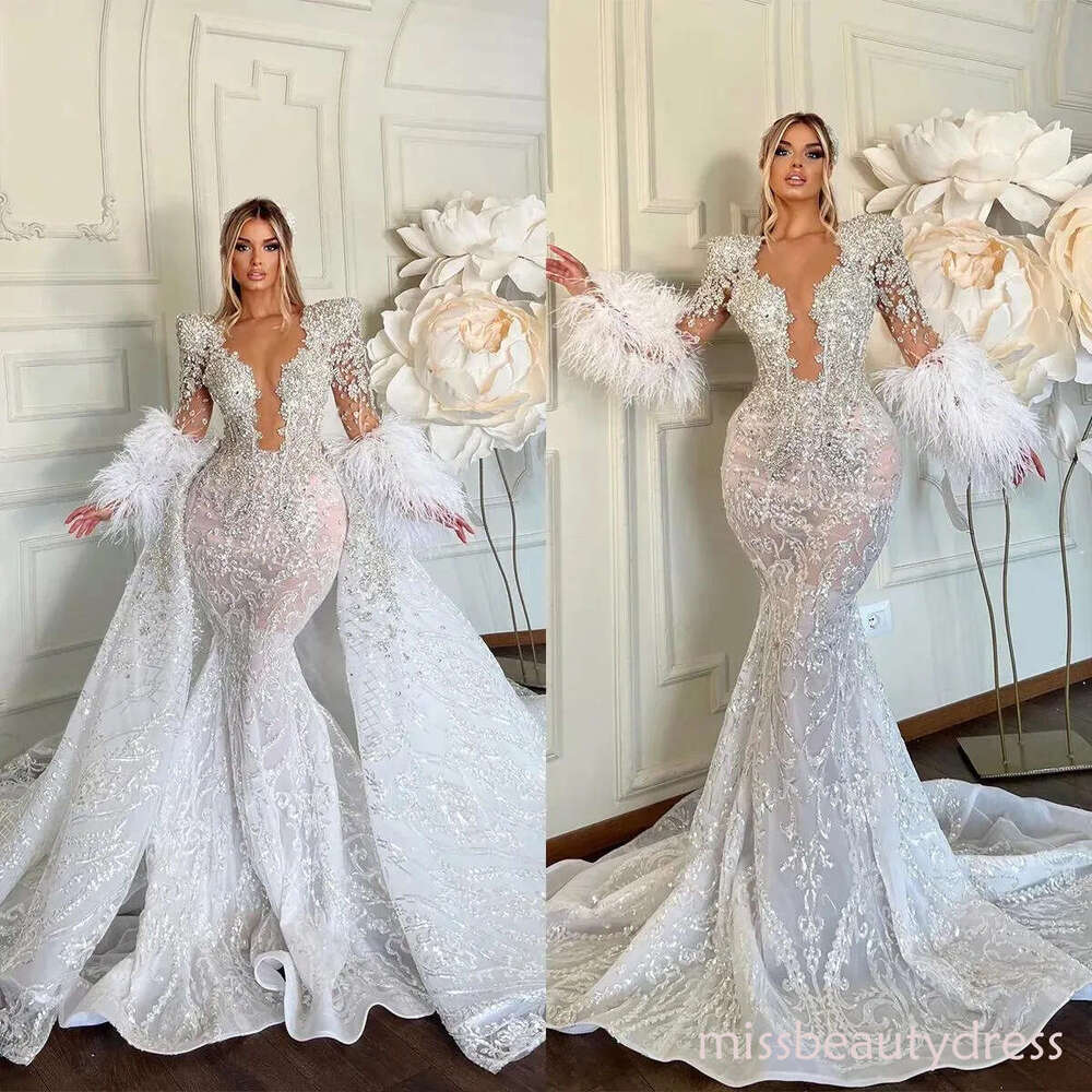 Sexy Feather Arabic Mermaid Plus Size Detachable Train Lace Bridal Dresses Beaded Crystal Wedding Gowns ZD12 ZD10