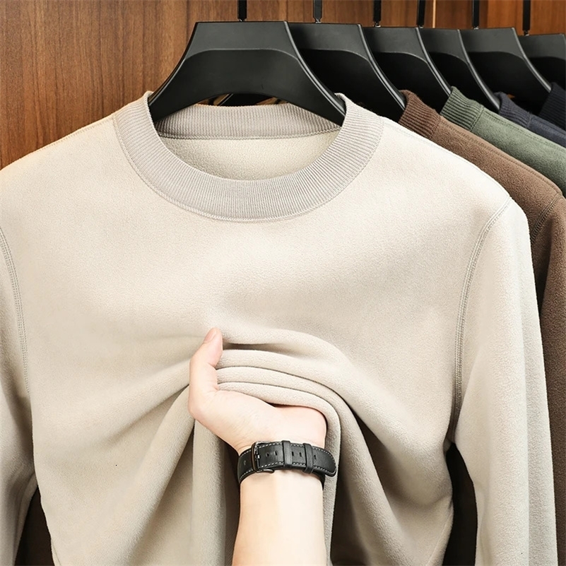 Autumn and Winter Mens Velvet Hoodie Long Sleeve Round Neck Solid Color Fashion Casual Versatile Top 260327