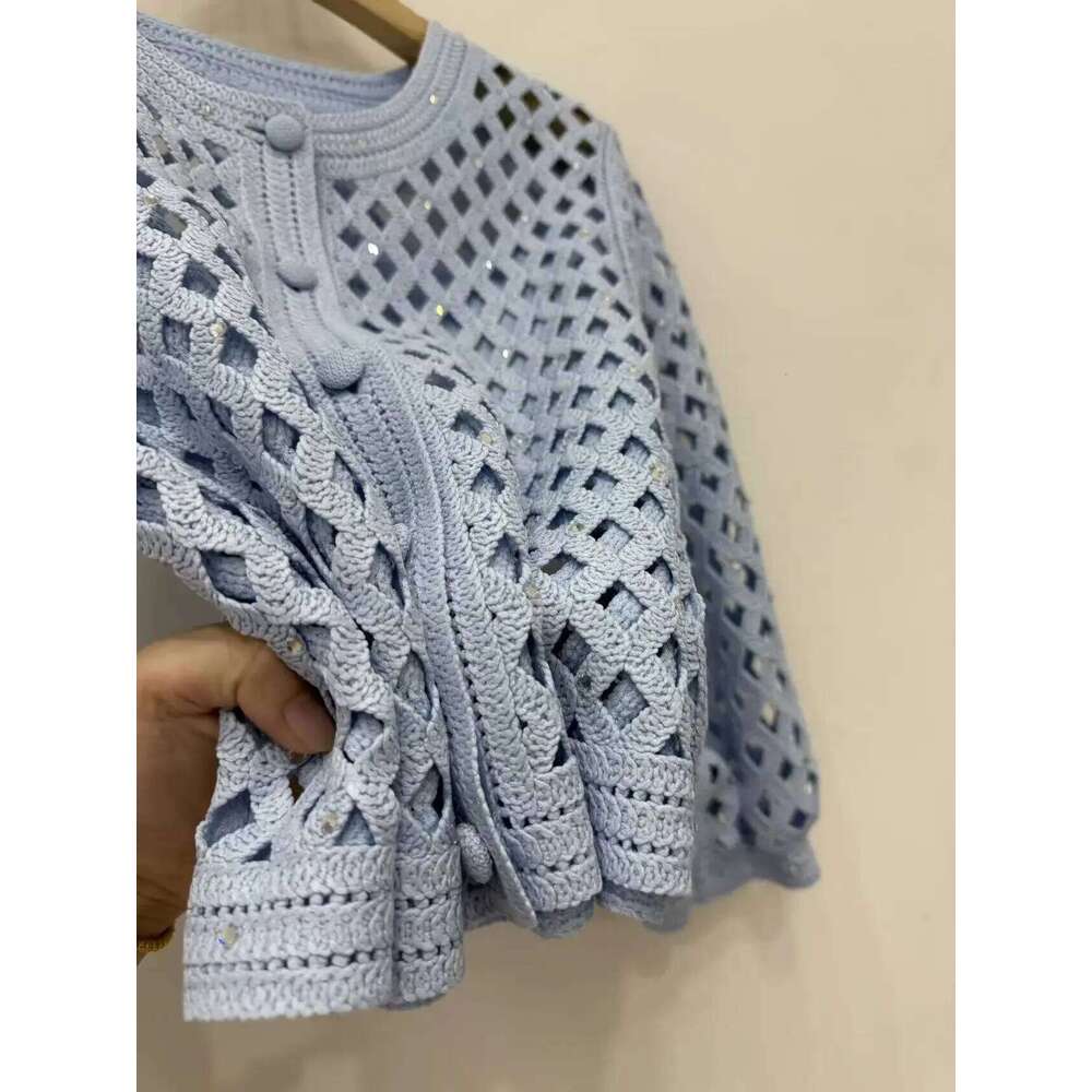 Diamond Decoration Hollow Out Women's Knitted Cardigan Coat Single-Breasted Top Or Camisole Midi Dress Strap Robe For Female Mdng260330