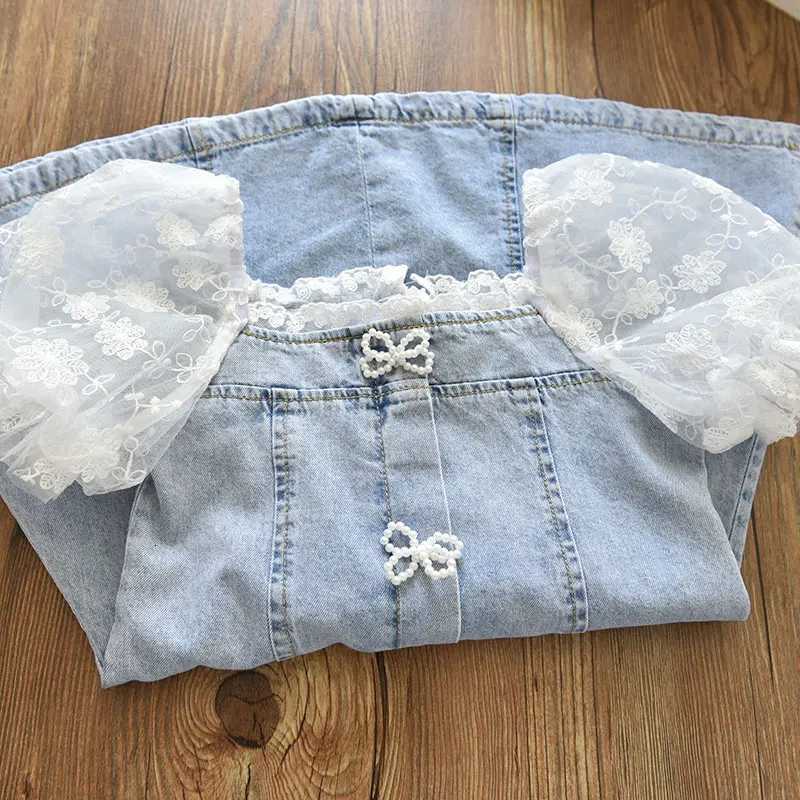 2022 Summer Girls Temperament Dress New Pearl Seersucker Sleeves Stitching Soft Denim A-Line Dresses ChildrenS Fashion ClothingT260330
