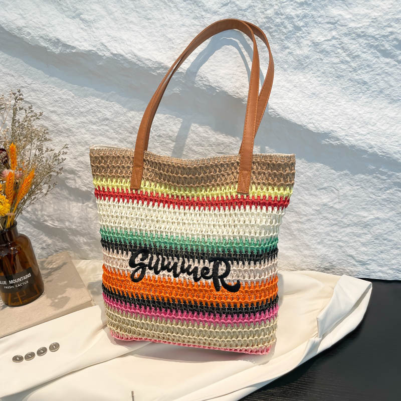 Free Shipping High Value Rainbow Striped Straw Tote Bag for Women Summer Beach Handbag Large Capacity Shoulder Bag