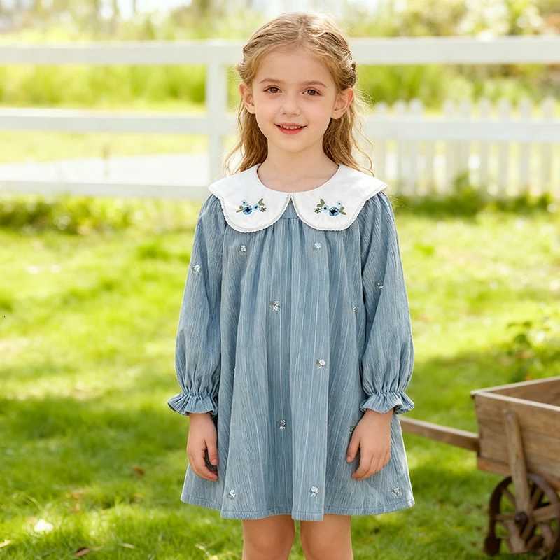 1-6Y Autumn New Girls Dress Fashion Cute Doll Neck Embroidered Flowers Dress Spring Childrens Girls Long Sleeve Princess DressT260330