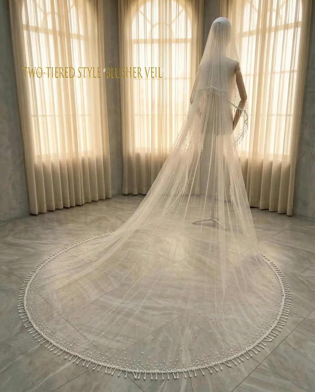 Luxury Pearls Wedding Veil Lace Long Special Beaded Royal Bridal Veil with Comb Tassels Wedding Accessories For Women Customized
