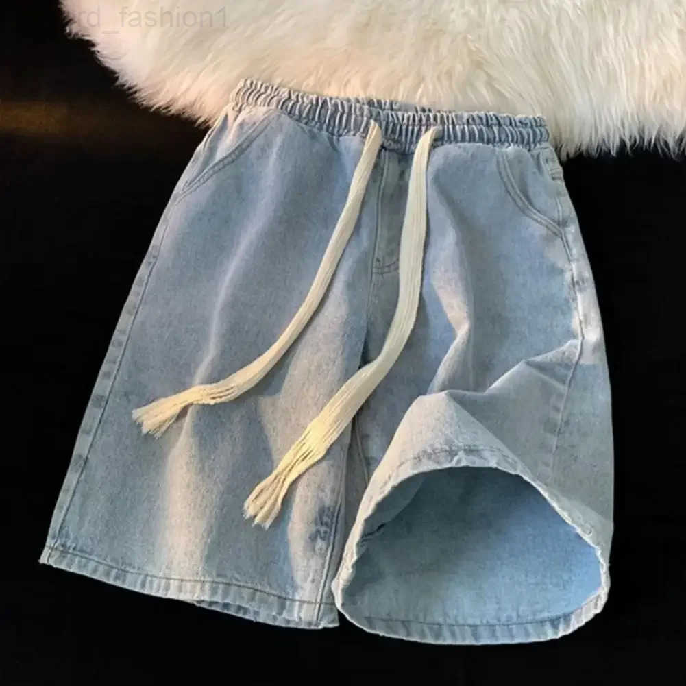 Men Wide-leg Denim Shorts Mens Quick-drying Denim Beach Shorts With Elastic Drawstring Waistband Pockets Summer Wide Leg Shorts H260330