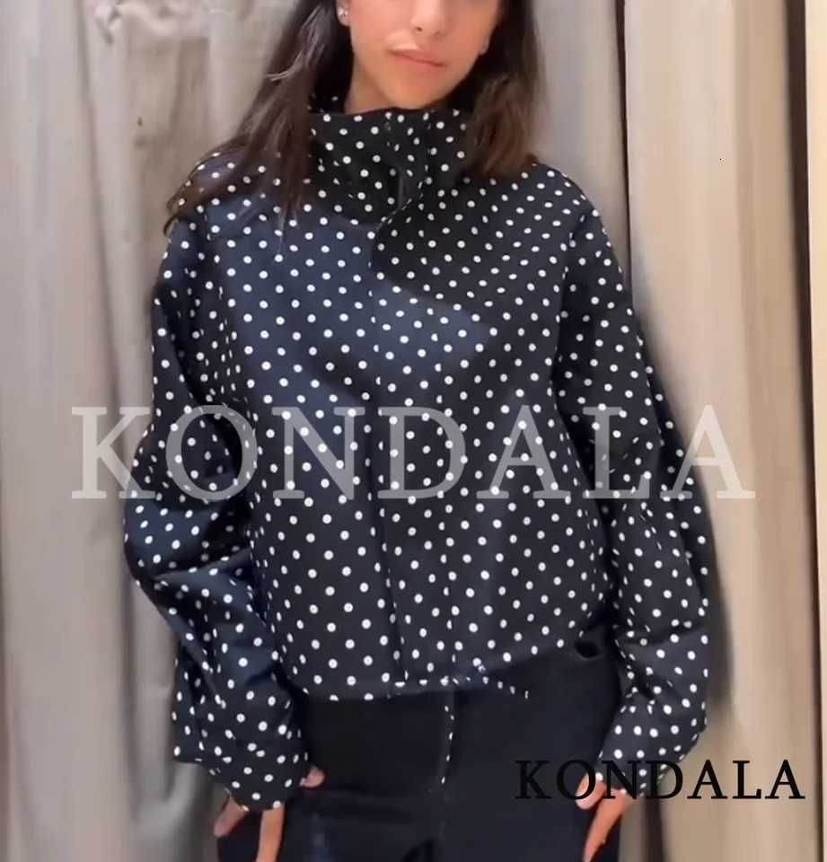 KONDALA Casual Polka Dot Jacket Womens Dark Navy Blue Stand Collar Jacket New 2026 Spring Summer Trendy High Street Lady JacketT260328
