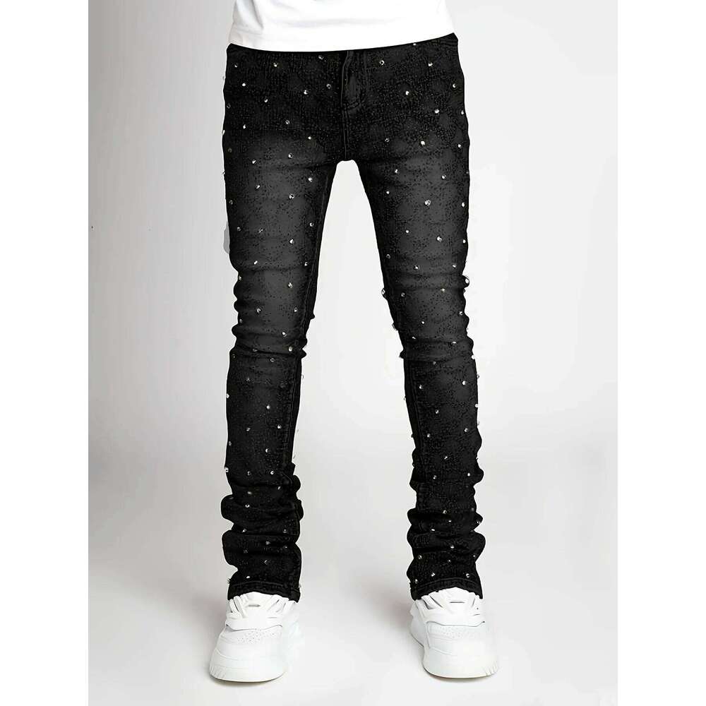 Men's personality straight leg men's pants European and American fashion Instagram hot item elastic pearl denim la 26Y0330