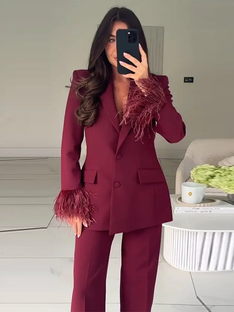 Elegant Feathers Women Blazer Pants Suit Lapel Button Coat Straight Wide Leg Trousers Lady Set 2026 Spring Female Outfits 260325
