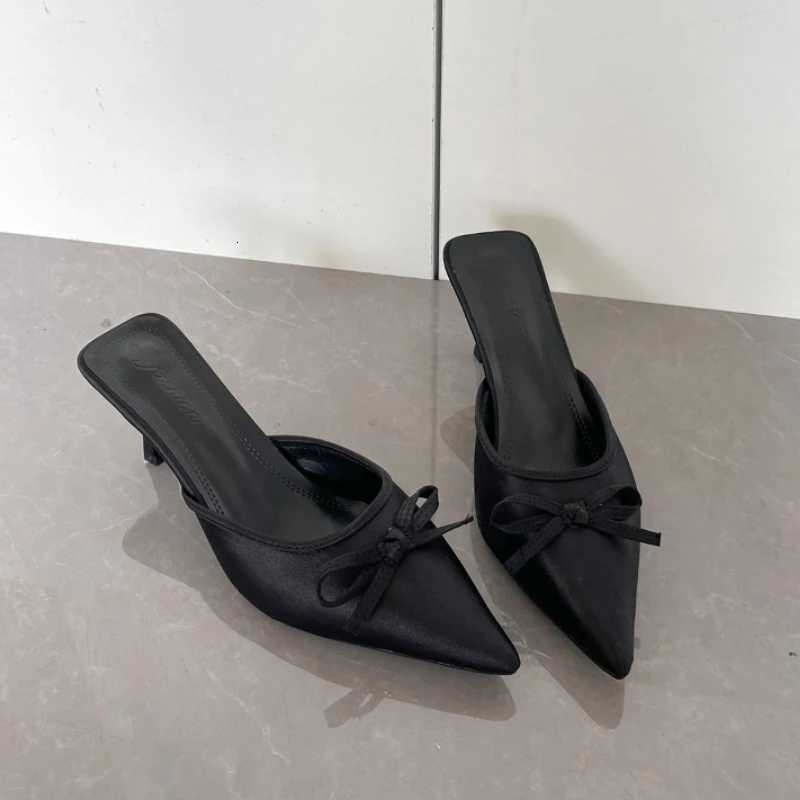 Spring Summer High Heel Women Slippers Fashion Cover Toe Slip On Slide Ladies Elegant Butterfly-knot Dress Sandalias Z260330