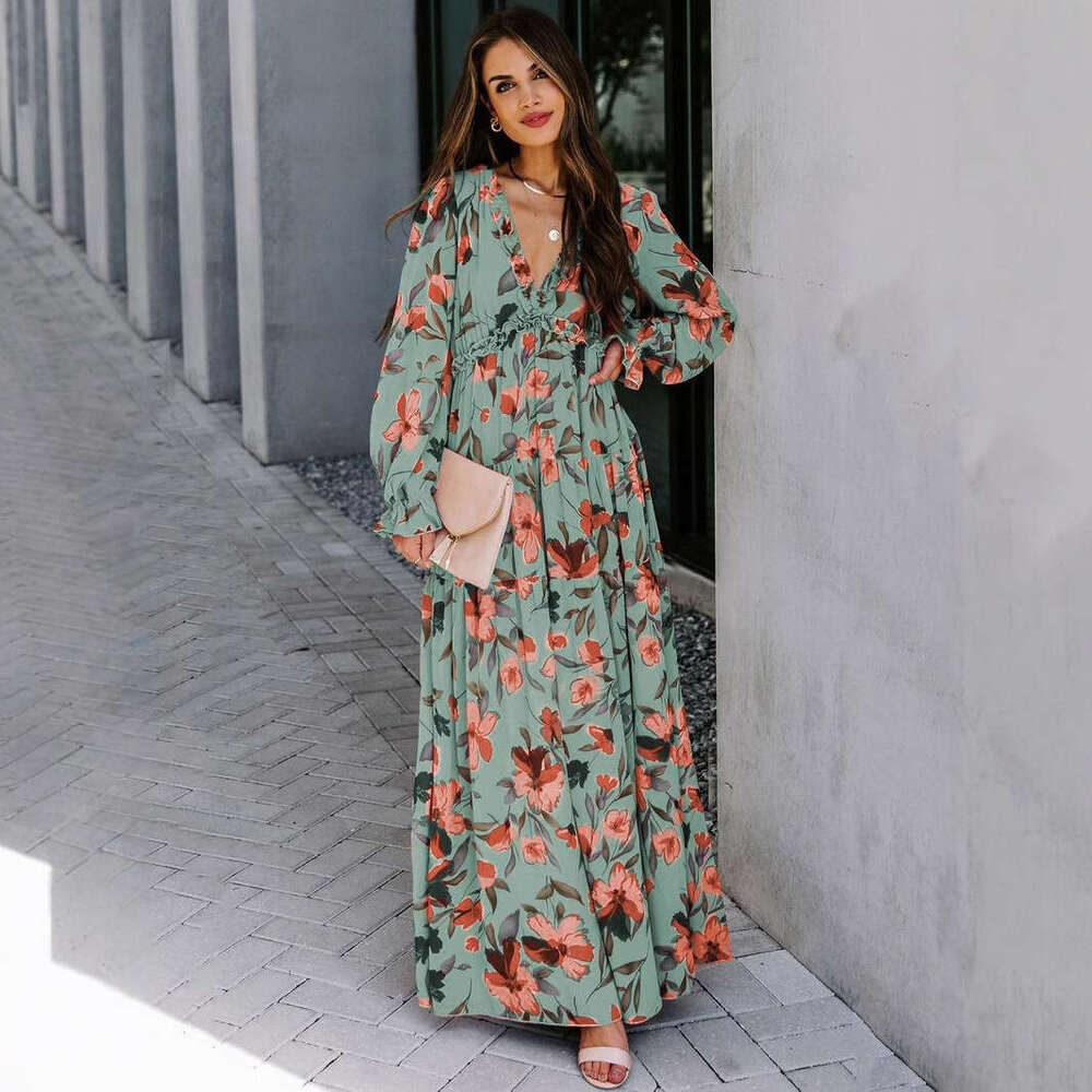 2026 New Cross-Border Long-Sleeve European and American Women's Fashion Printed Elegant Long Evening Dress